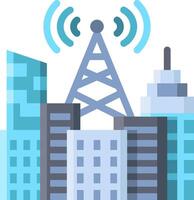 A city with a radio tower and a wireless signal vector