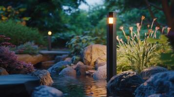 LED outdoor light post illuminating a garden path with flowering plants and decorative stones photo