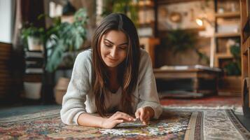 Woman assembling colorful jigsaw puzzle pieces on the floor in cozy living room, relaxing hobby photo