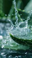 Close-up of aloe vera leaf with water droplets. Clear water and nature. Wellness, spa concept photo