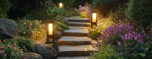 LED outdoor light post illuminating a garden path with flowering plants and decorative stones photo