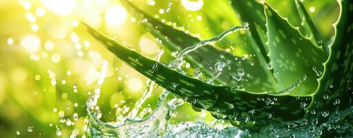 Close-up of aloe vera leaf with water droplets. Clear water and nature. Wellness, spa concept photo