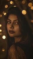 Portrait of a woman with dark hair against a glowing bokeh lights background. elegant mood photo