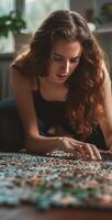 Woman assembling colorful jigsaw puzzle pieces on the floor in cozy living room, relaxing hobby photo
