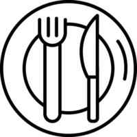 A black and white image of a plate with a fork and knife vector