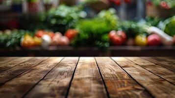 A wooden table in front of a bunch of vegetables photo