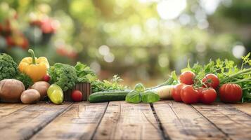 Fresh vegetables on wooden table with blurred background photo