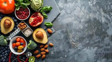 Various fruits and vegetables are arranged on a table photo