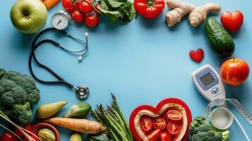 A frame with a stethoscope, vegetables and fruits photo