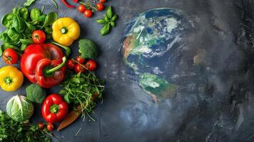Vegetables and fruits on a table with the earth in the background photo