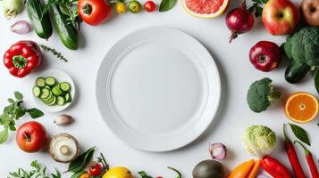 An empty plate surrounded by various vegetables and fruits photo
