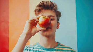 A boy holding an apple in front of a colorful background photo