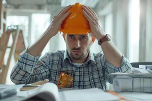 A man wearing an orange hard hat sitting at a desk with papers and a book photo