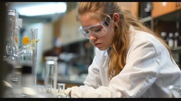 A female scientist in a lab coat and goggles photo