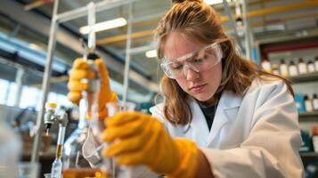 A female scientist in a lab coat and goggles photo