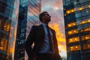 A man in a suit stands in front of tall buildings photo