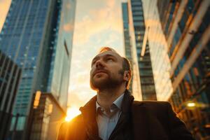 A man is looking up at the sky in a city photo
