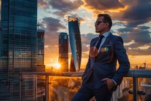 A man in a suit and tie stands on a balcony overlooking the city photo