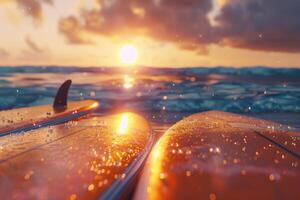 Surfboards on the beach at sunset photo