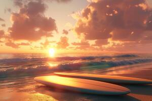 Surfboards on the beach at sunset photo