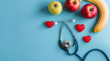 A stethoscope surrounded by apples, bananas and hearts photo
