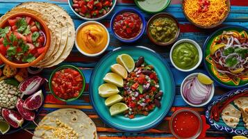 A colorful table with many different types of mexican food photo