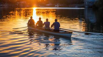 Four people rowing a boat on a lake at sunset photo