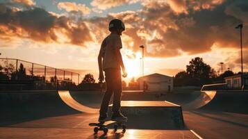 A person riding a skateboard at sunset photo