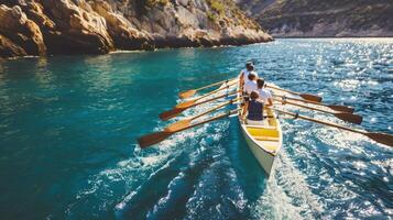 Two people in a rowboat on the ocean photo