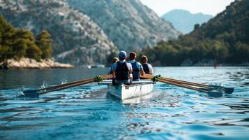 Three people in a rowboat on the water photo