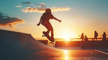 Skateboarder on ramp at sunset photo