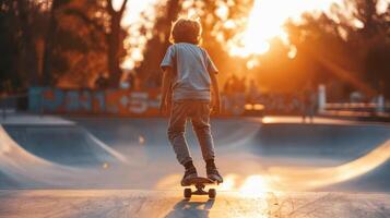 A young boy riding a skateboard at sunset photo