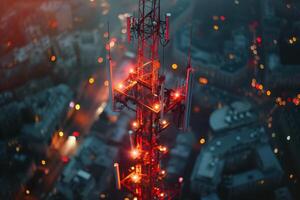 An aerial view of a cellular tower at night photo