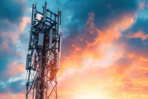 A cell tower with a sunset in the background photo