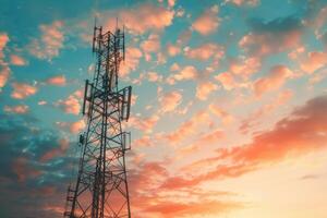 A cell tower with a sunset in the background photo