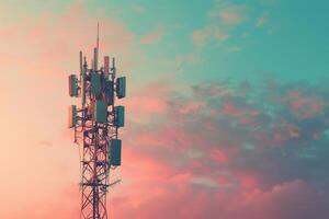 A cell phone tower with a colorful sky in the background photo