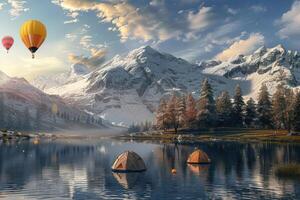 A lake with tents and hot air balloons in the mountains photo