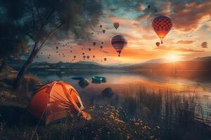 A tent is set up near a lake with hot air balloons flying above photo