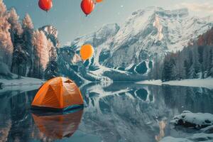 A tent is sitting on the shore of a lake with balloons floating in the air photo