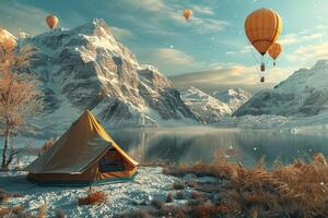 A tent and hot air balloons are flying over a lake photo