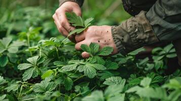 A person is picking up a plant from the ground photo