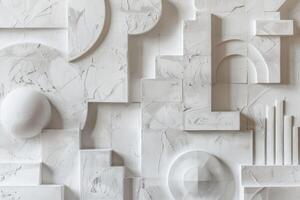 A white wall with various shapes and shapes photo