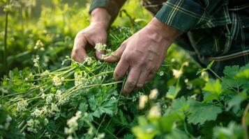 A man is picking herbs from a field photo
