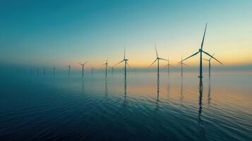 Wind turbines in the ocean at sunrise photo