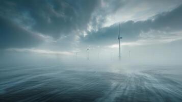 Wind turbines in the fog on a cloudy day photo
