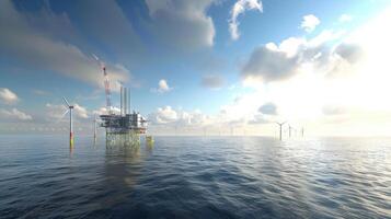 An oil rig in the ocean with wind turbines photo