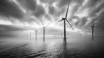Black and white photo of wind turbines in the ocean