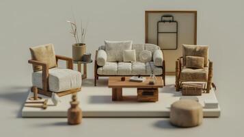 A set of furniture and a table with a chair photo