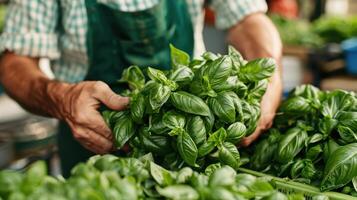 A man is holding a bunch of basil leaves photo