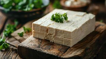 A piece of tofu on a wooden cutting board photo